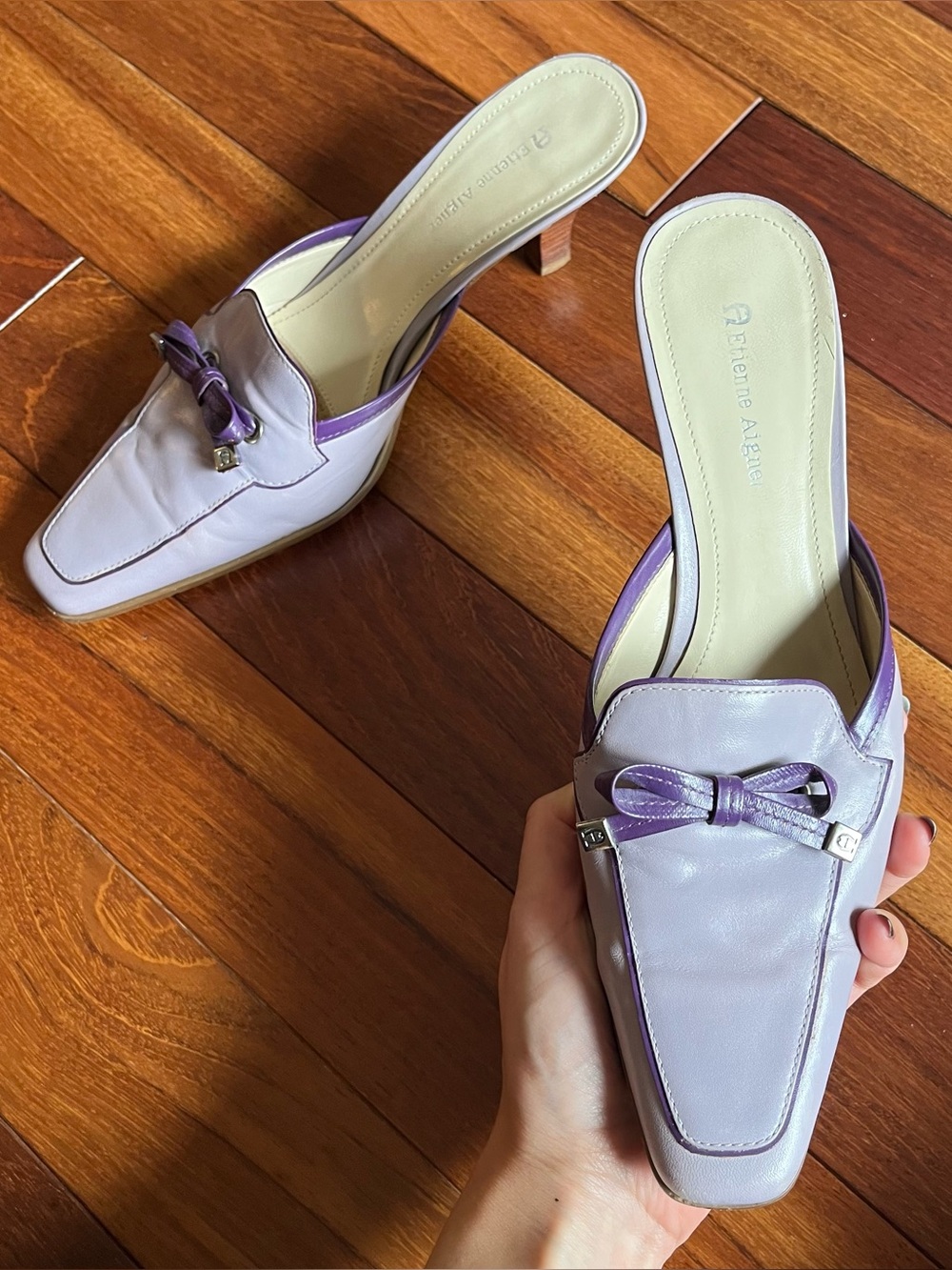 Vintage Etienne Aigner Lavender and Purple Leather Bow Mules Kitten Heels